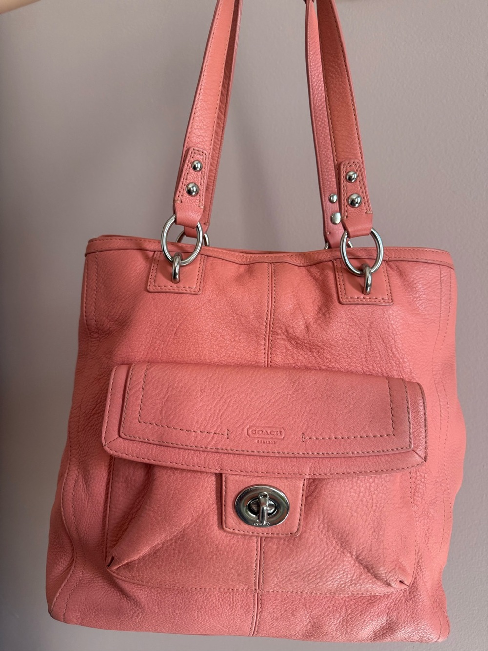 Coach Penelope Pebbled Leather Shoulder Tote in Coral Pink